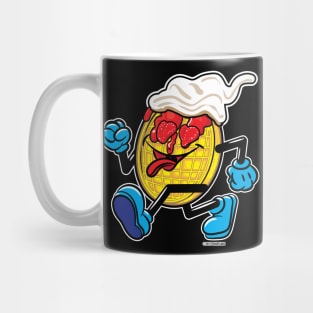 Happy Smiling Waffle Mascot strutting with Strawberries, strawberry syrup and whipped cream Mug